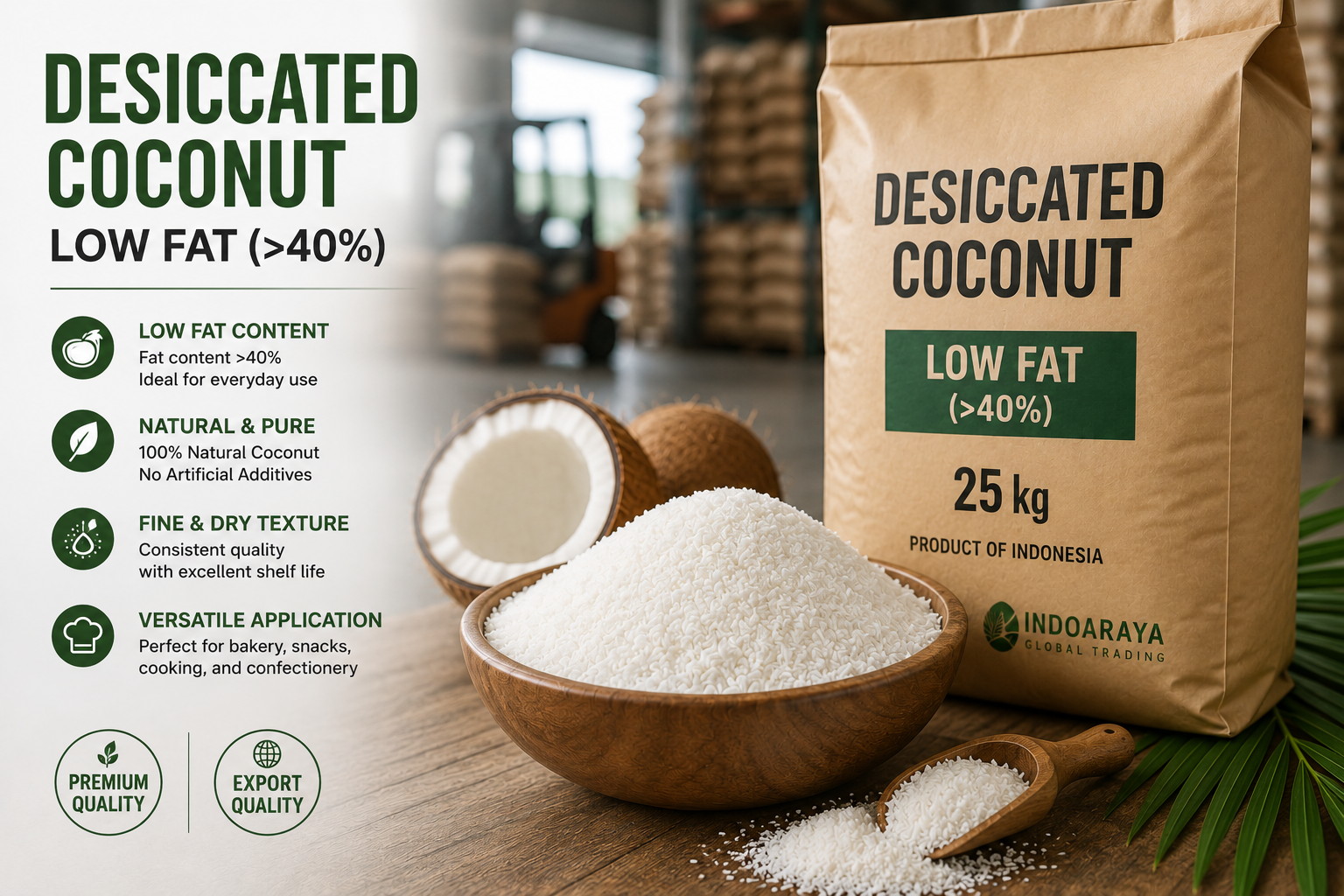 buat juga desain foto produk "Desiccated coconut Low Fat (>40%)"